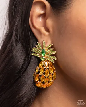 Pineapple Pizzazz - Yellow - Rhinestone Paparazzi Post Earrings