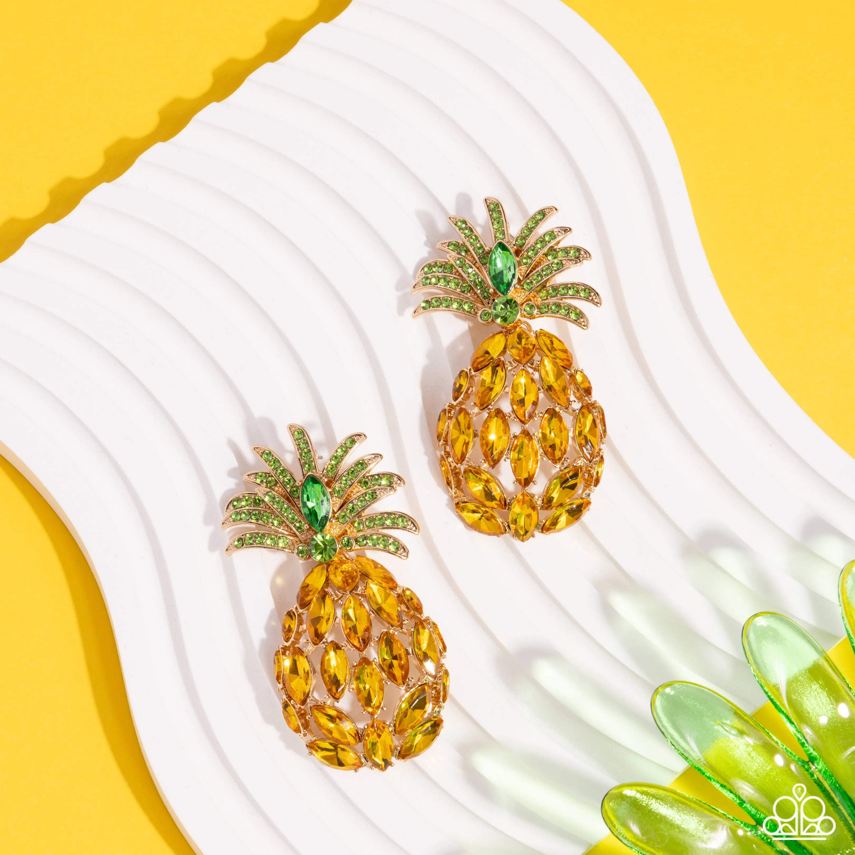 Pineapple Pizzazz - Yellow - Rhinestone Paparazzi Post Earrings