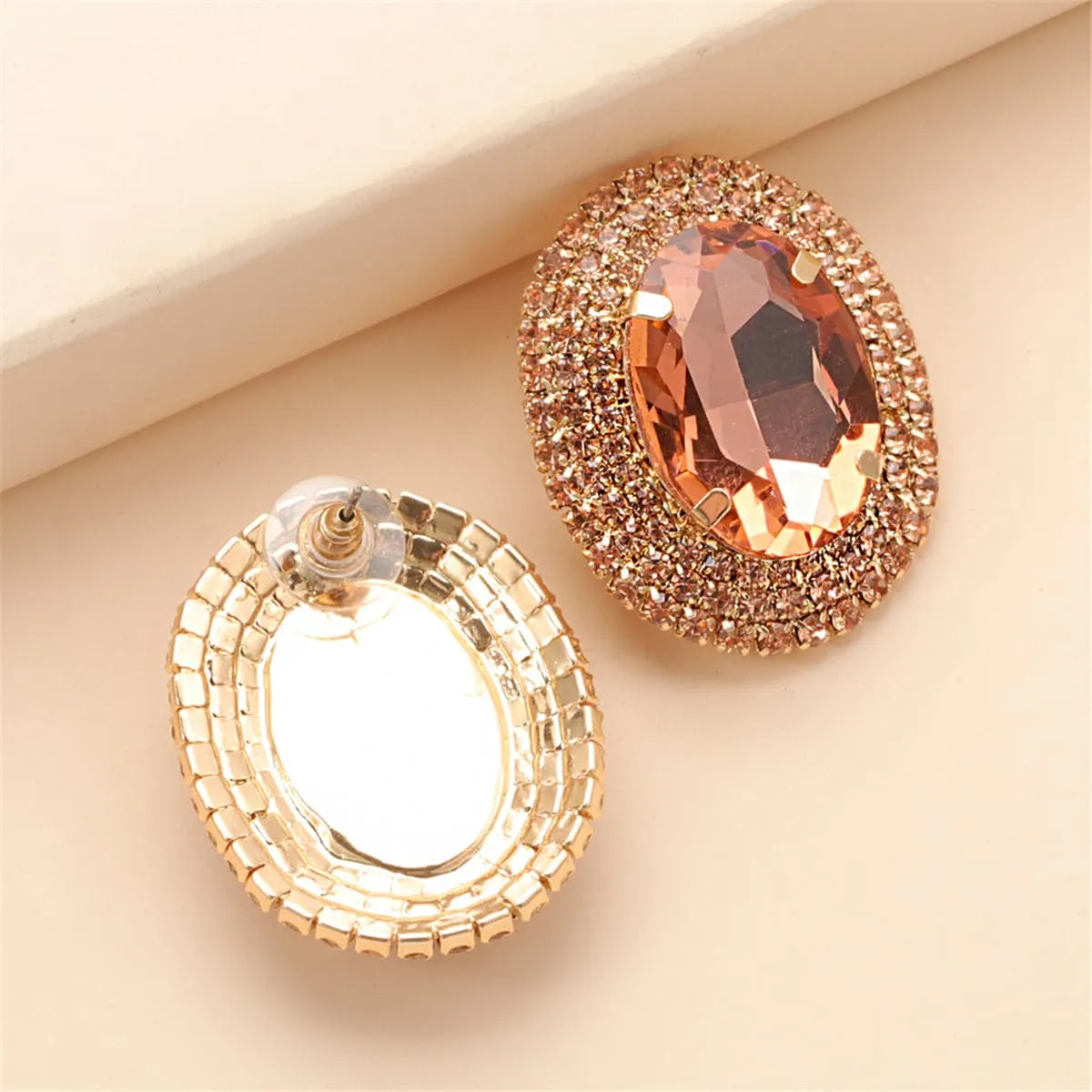 Pink Crystal & Cubic Zirconia Oval Halo Stud Earrings