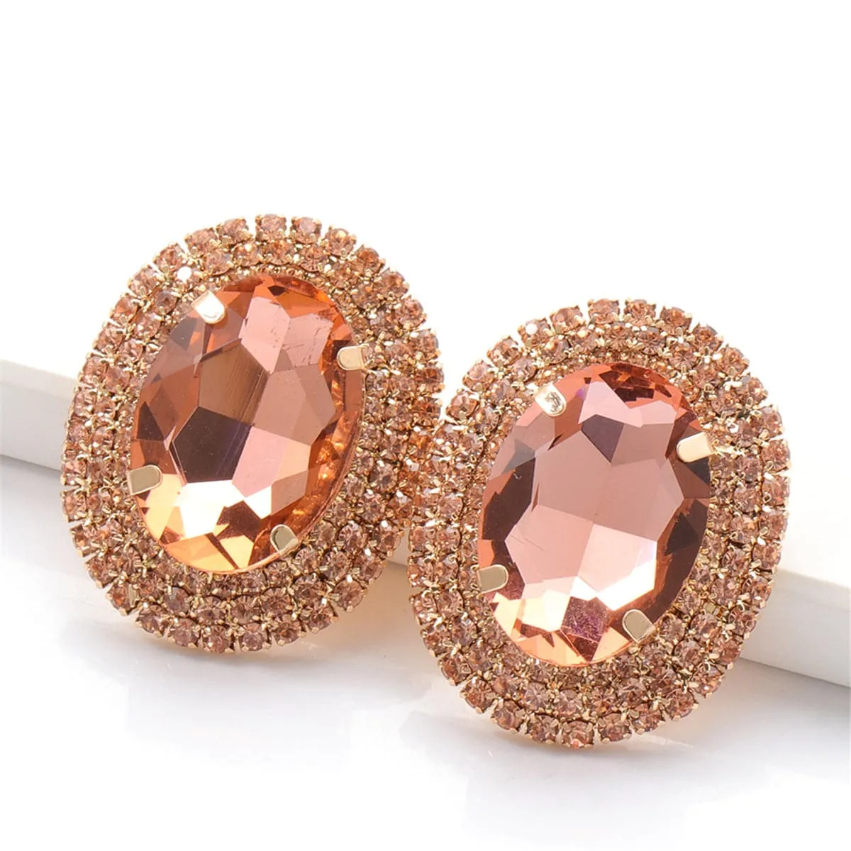 Pink Crystal & Cubic Zirconia Oval Halo Stud Earrings