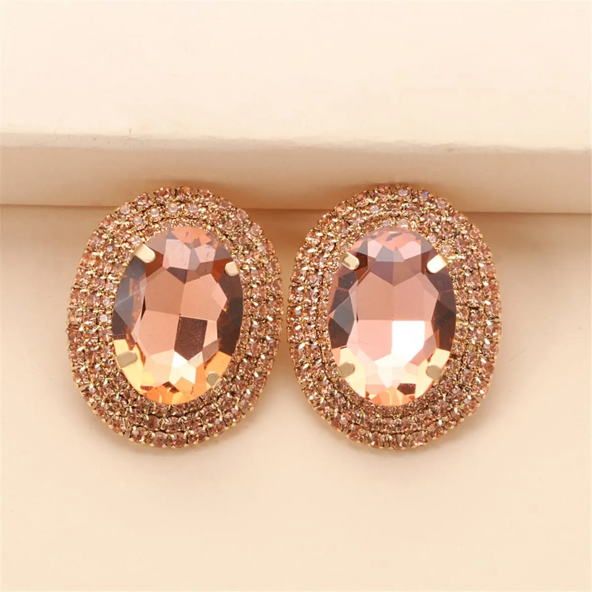 Pink Crystal & Cubic Zirconia Oval Halo Stud Earrings