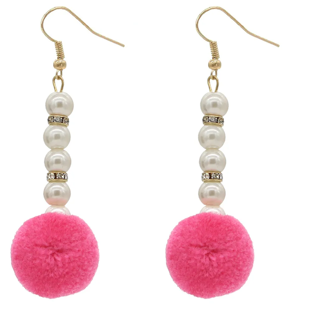 Pink CZ Faux Pearl Pom Pom Earrings