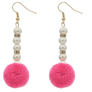 Pink CZ Faux Pearl Pom Pom Earrings