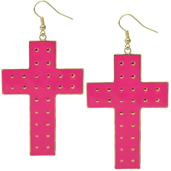 Pink Dotted Cross Dangle Earrings