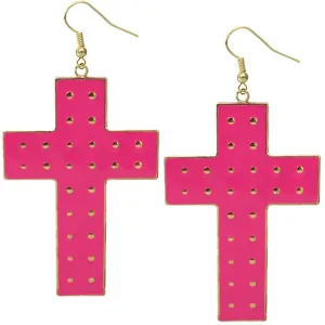 Pink Dotted Cross Dangle Earrings