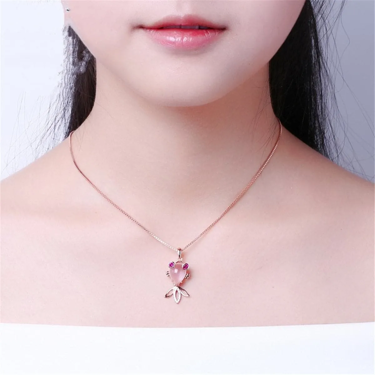 Pink Quartz & Cubic Zirconia Goldfish Pendant Necklace