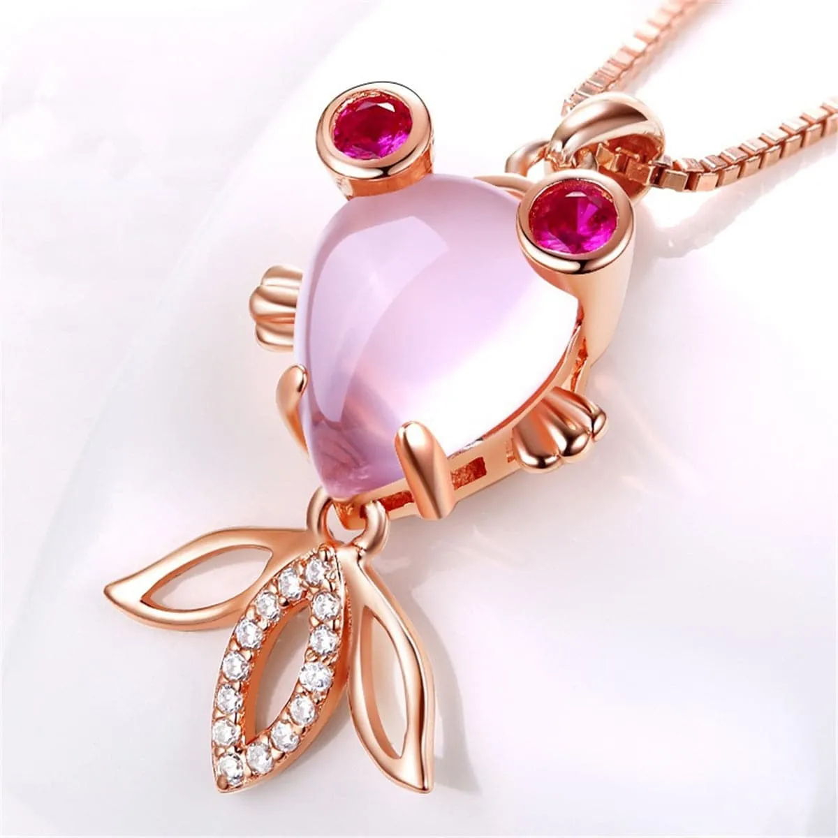 Pink Quartz & Cubic Zirconia Goldfish Pendant Necklace