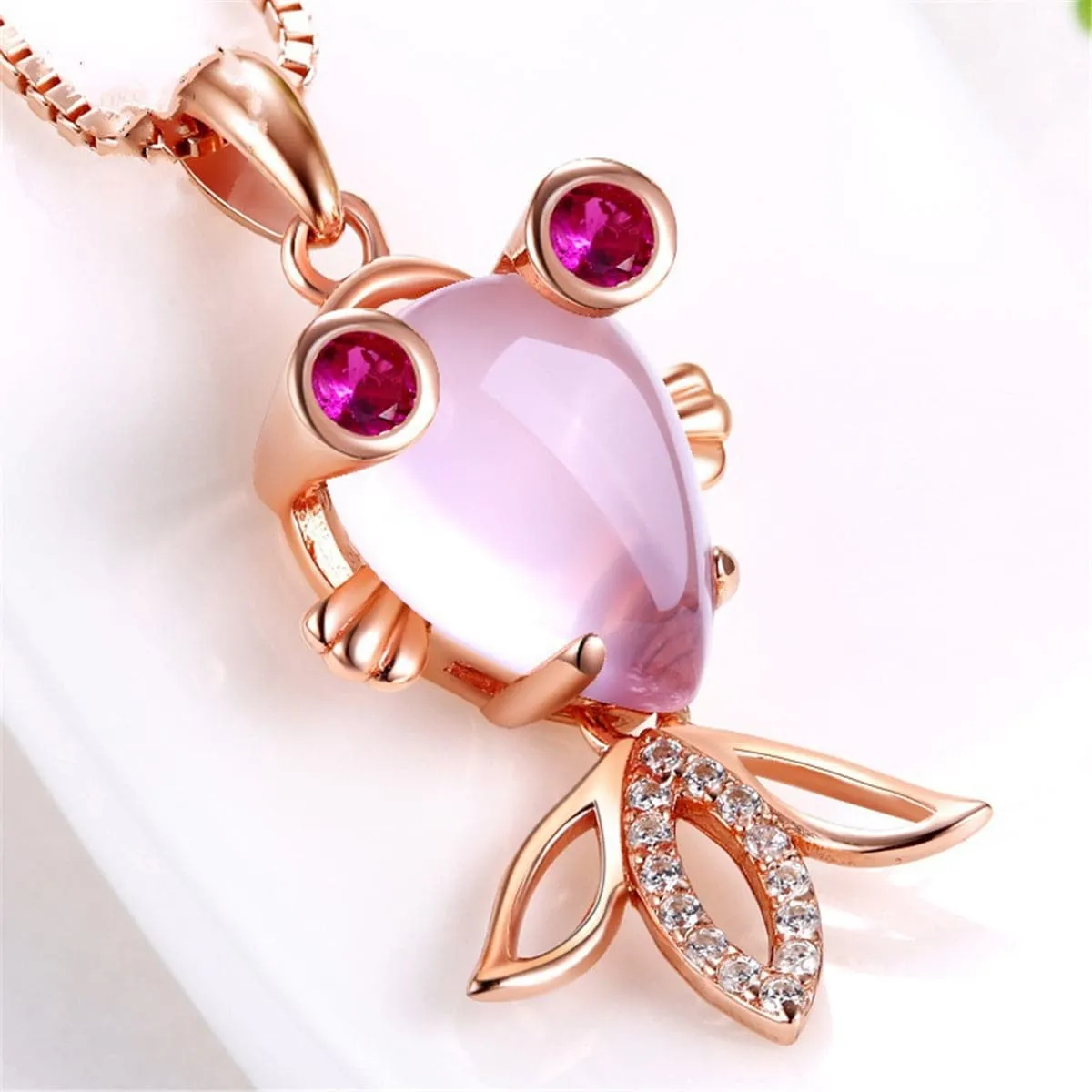 Pink Quartz & Cubic Zirconia Goldfish Pendant Necklace
