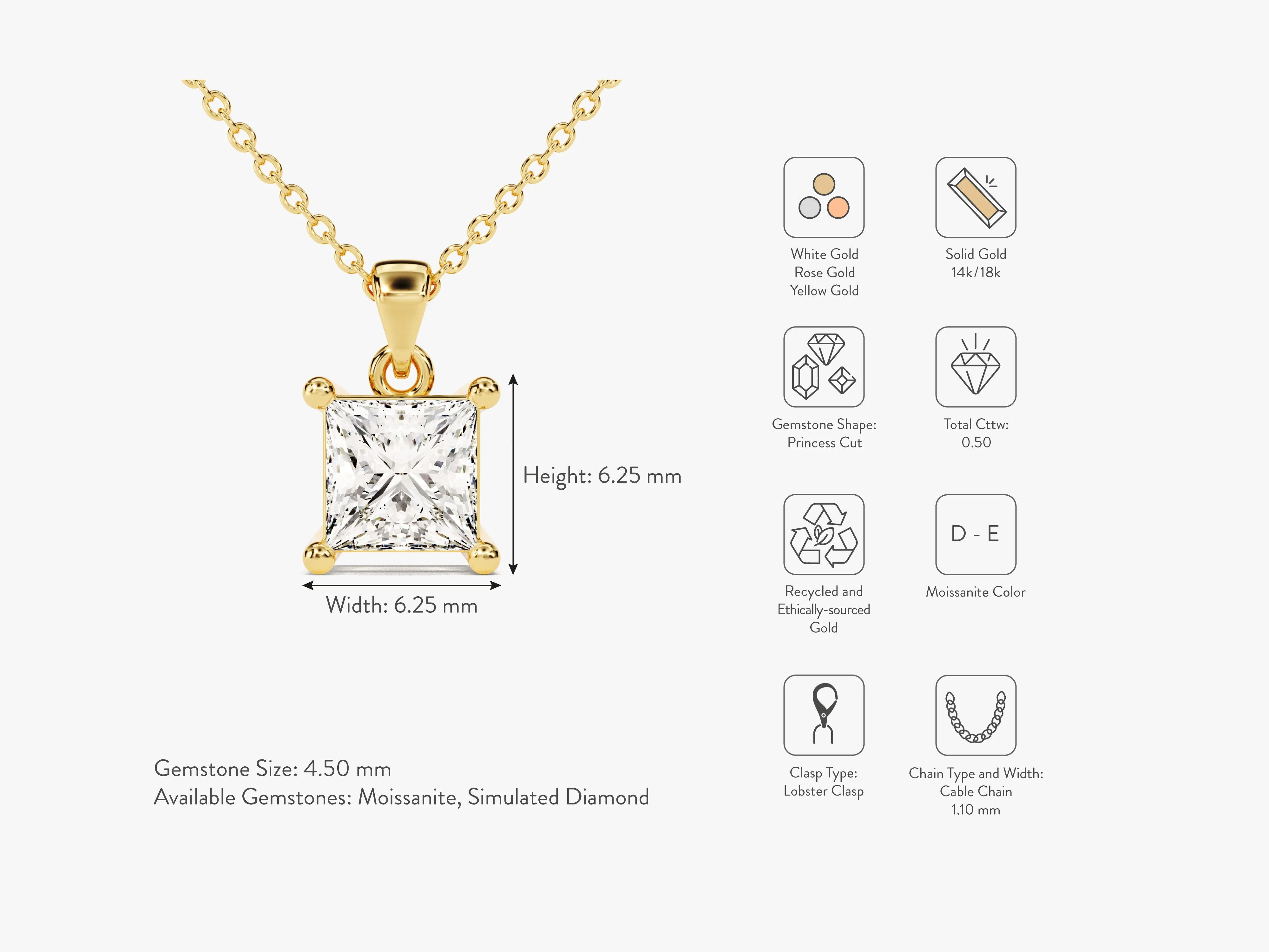Princess Cut Lab Grown Diamond Solitaire Pendant (0.50 CT)