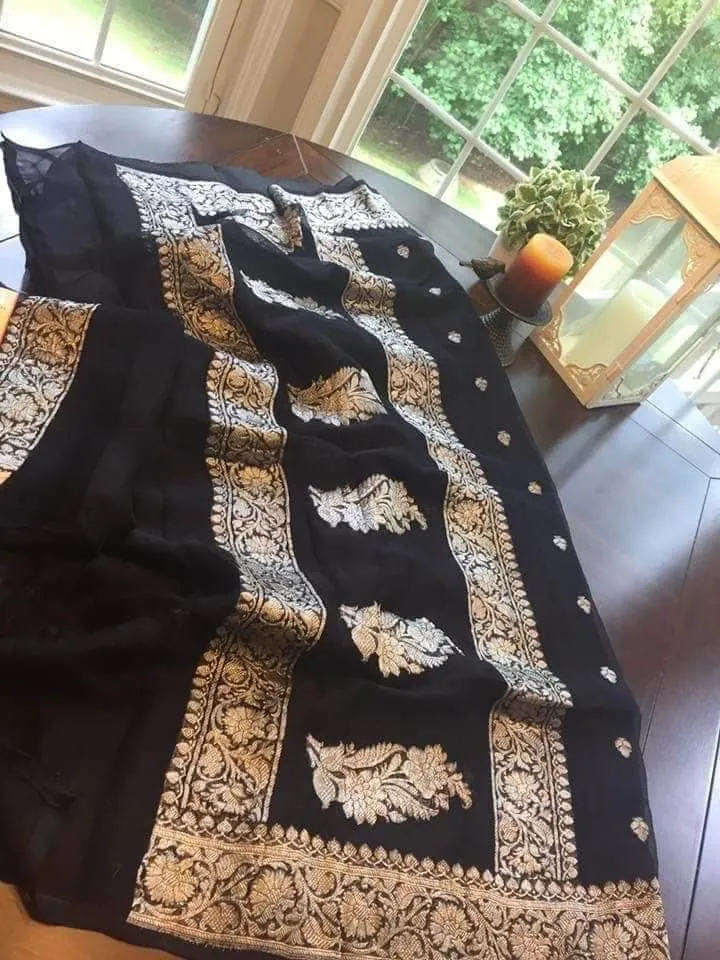 Pure chiffon  Handloom Banarasi Chiffon Khaddi Kariyal Saree
