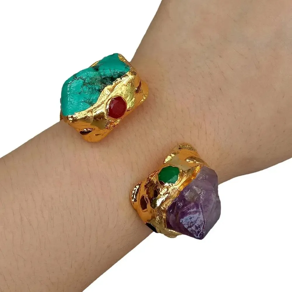 Purple Amethyst Druzy 25mm Green Turquoise Gold Plated Bangle Bracelet