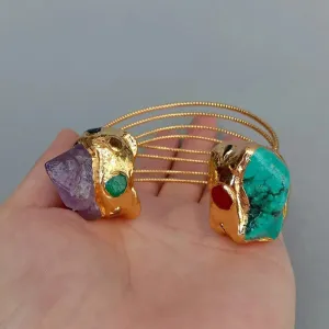 Purple Amethyst Druzy 25mm Green Turquoise Gold Plated Bangle Bracelet