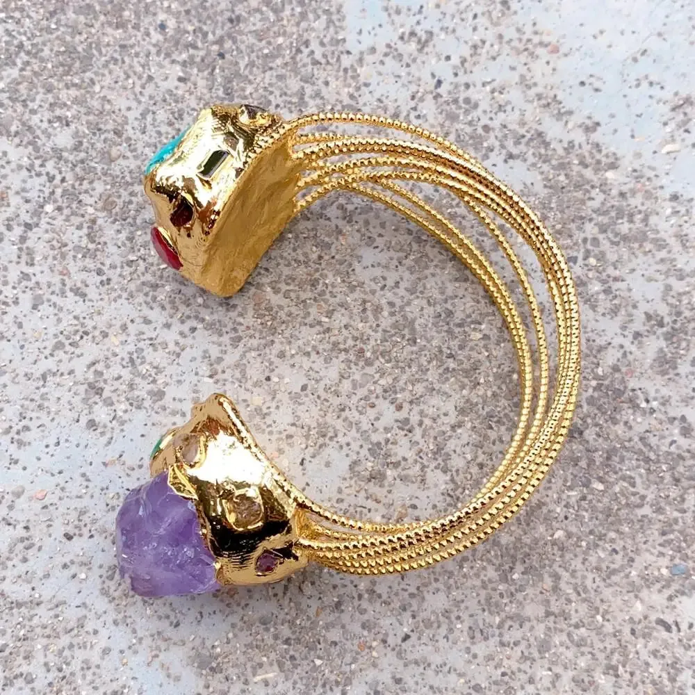 Purple Amethyst Druzy 25mm Green Turquoise Gold Plated Bangle Bracelet