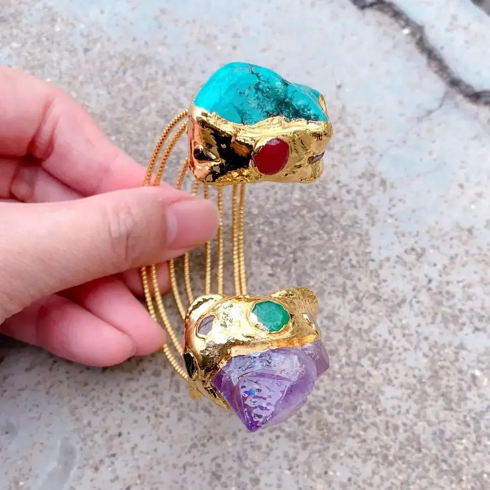 Purple Amethyst Druzy 25mm Green Turquoise Gold Plated Bangle Bracelet