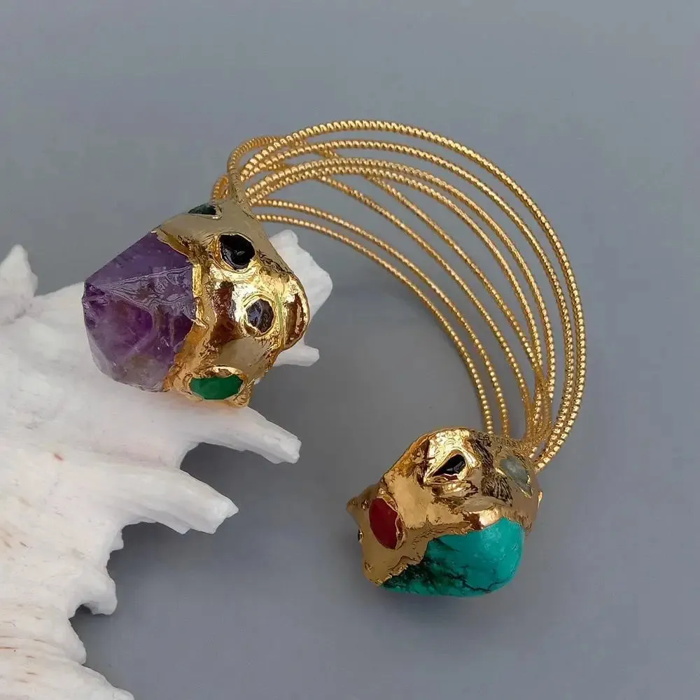 Purple Amethyst Druzy 25mm Green Turquoise Gold Plated Bangle Bracelet