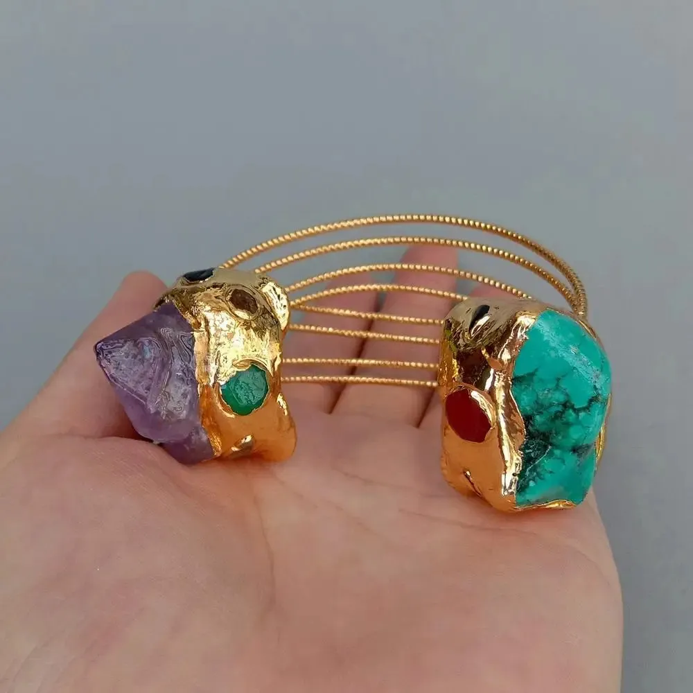 Purple Amethyst Druzy 25mm Green Turquoise Gold Plated Bangle Bracelet