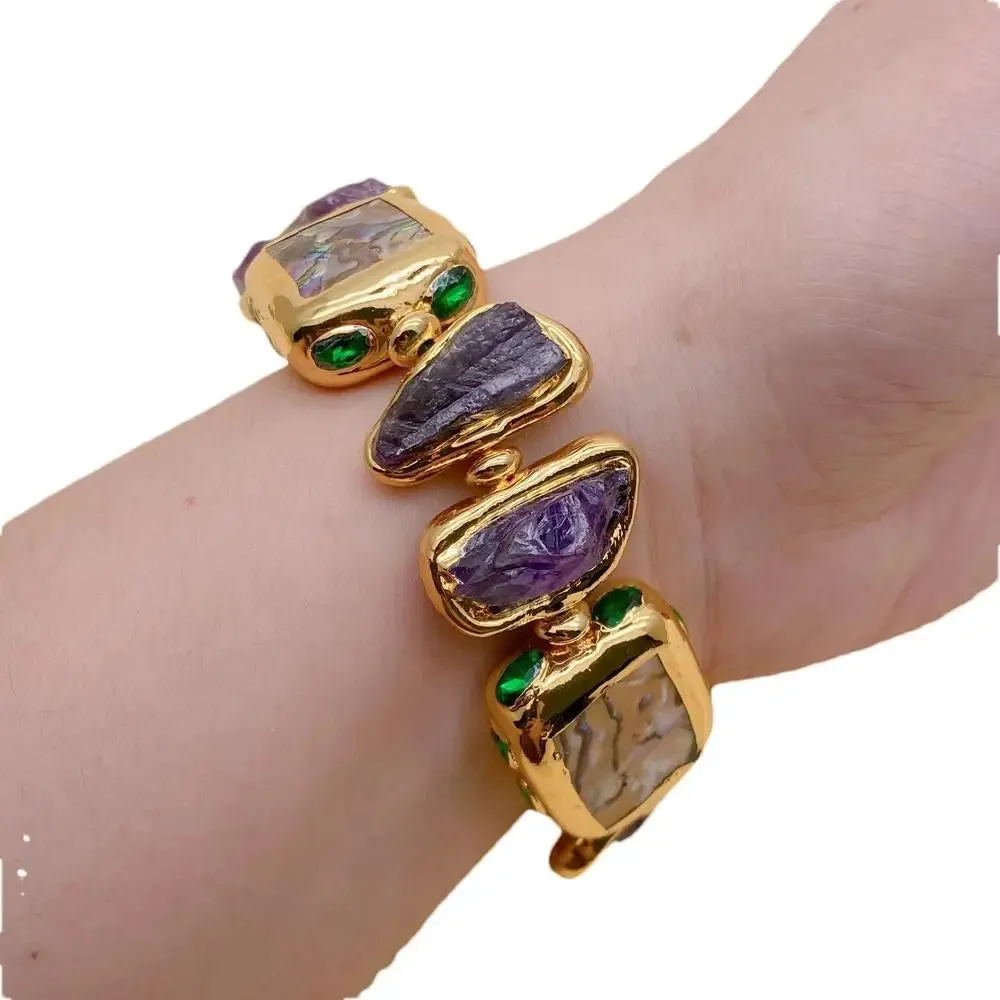 Purple Amethyst Rough 21x28mm Rainbow Color Abalone Shell Crystal Pave  Bracelet 8"