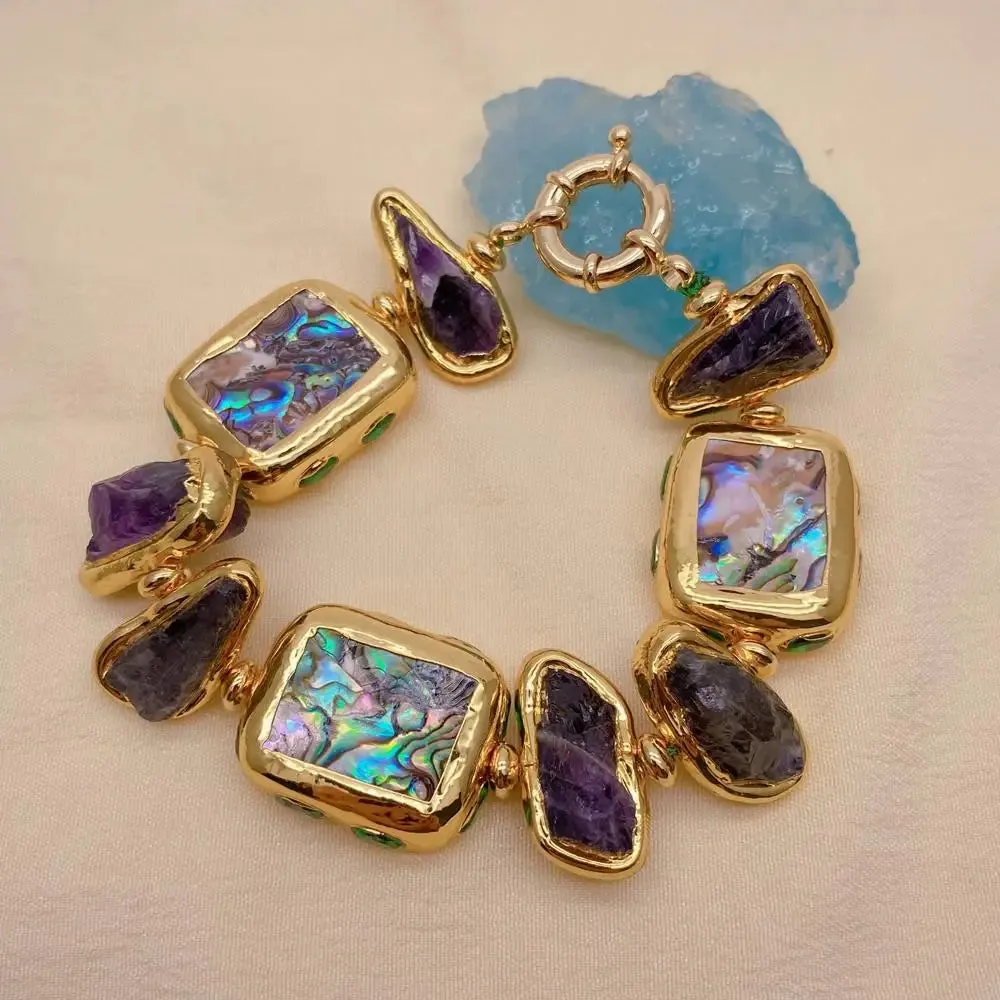 Purple Amethyst Rough 21x28mm Rainbow Color Abalone Shell Crystal Pave  Bracelet 8"