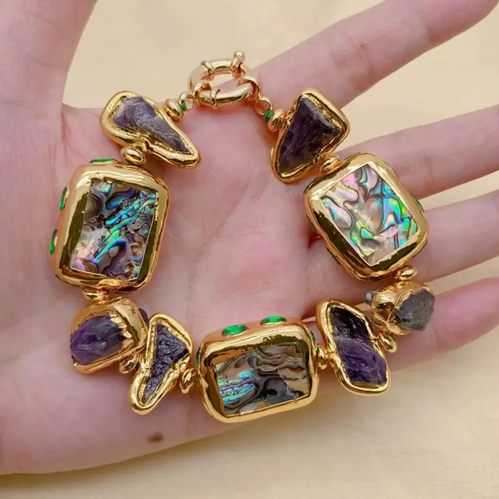 Purple Amethyst Rough 21x28mm Rainbow Color Abalone Shell Crystal Pave  Bracelet 8"