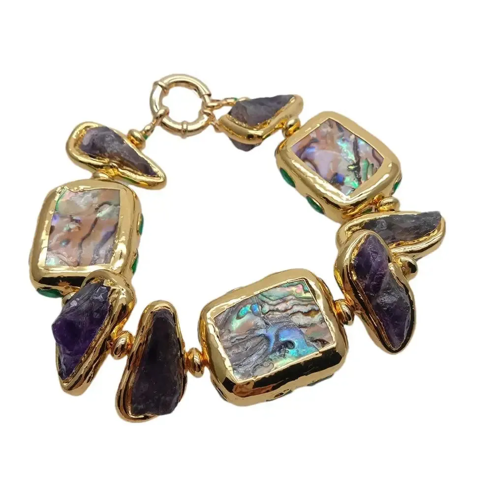 Purple Amethyst Rough 21x28mm Rainbow Color Abalone Shell Crystal Pave  Bracelet 8"