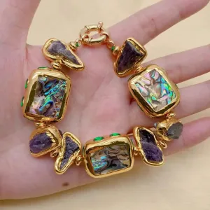Purple Amethyst Rough 21x28mm Rainbow Color Abalone Shell Crystal Pave  Bracelet 8"