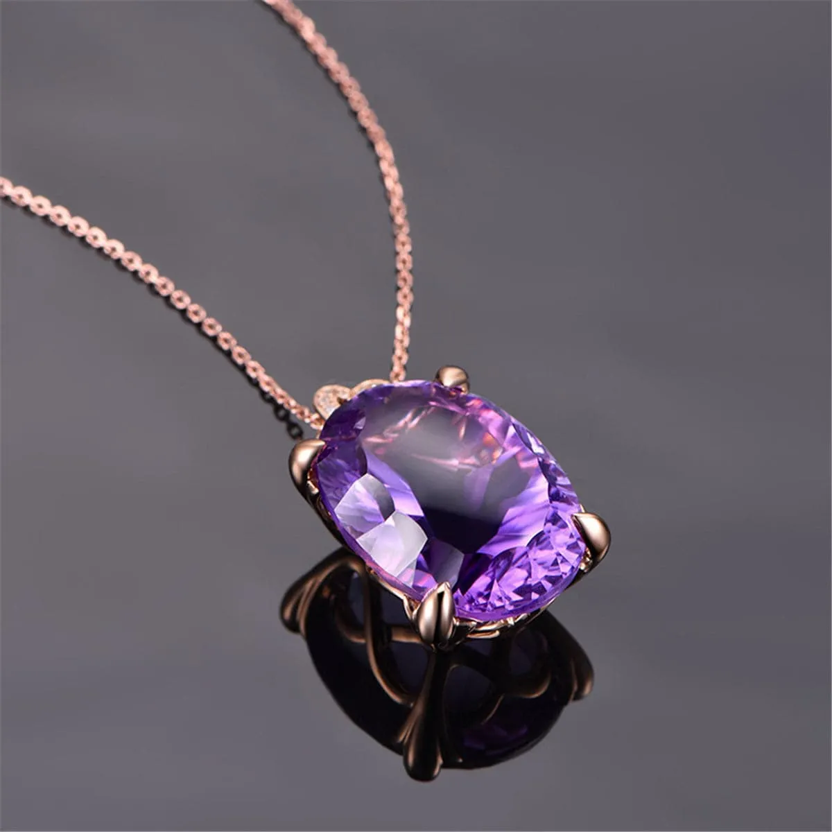 Purple Crystal & Cubic Zirconia Heart Oval Pendant Necklace