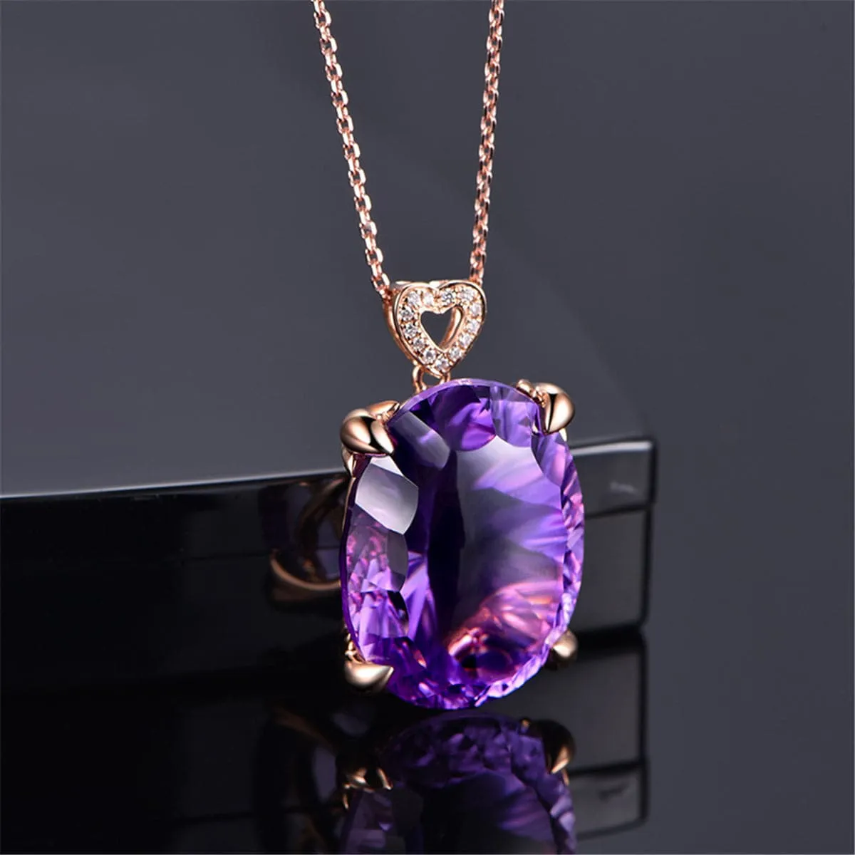 Purple Crystal & Cubic Zirconia Heart Oval Pendant Necklace