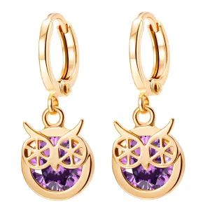Purple Cubic Zirconia & 18K Gold-Plated Owl Bezel Drop Earrings
