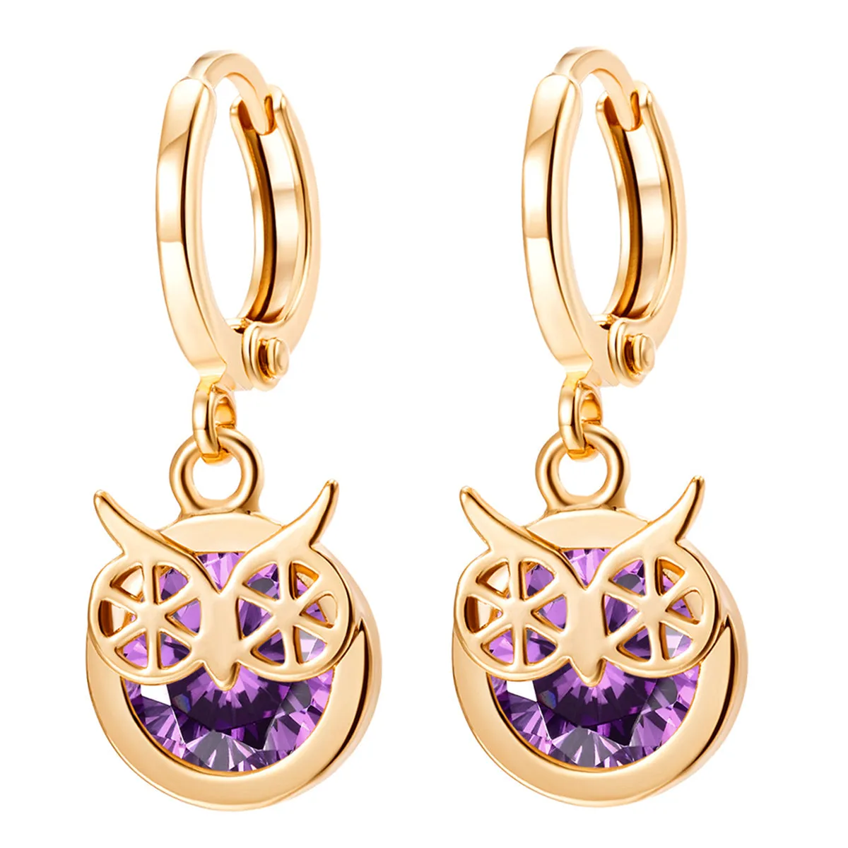 Purple Cubic Zirconia & 18K Gold-Plated Owl Bezel Drop Earrings