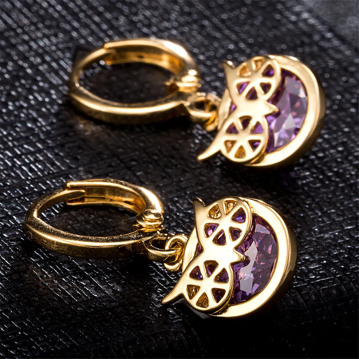 Purple Cubic Zirconia & 18K Gold-Plated Owl Bezel Drop Earrings