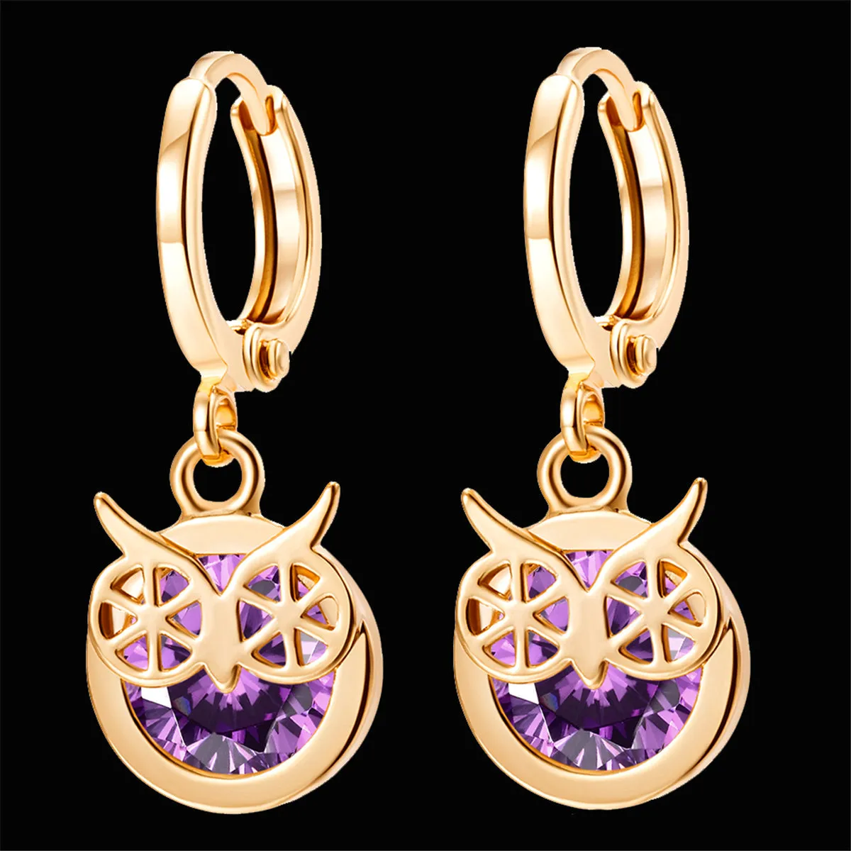 Purple Cubic Zirconia & 18K Gold-Plated Owl Bezel Drop Earrings