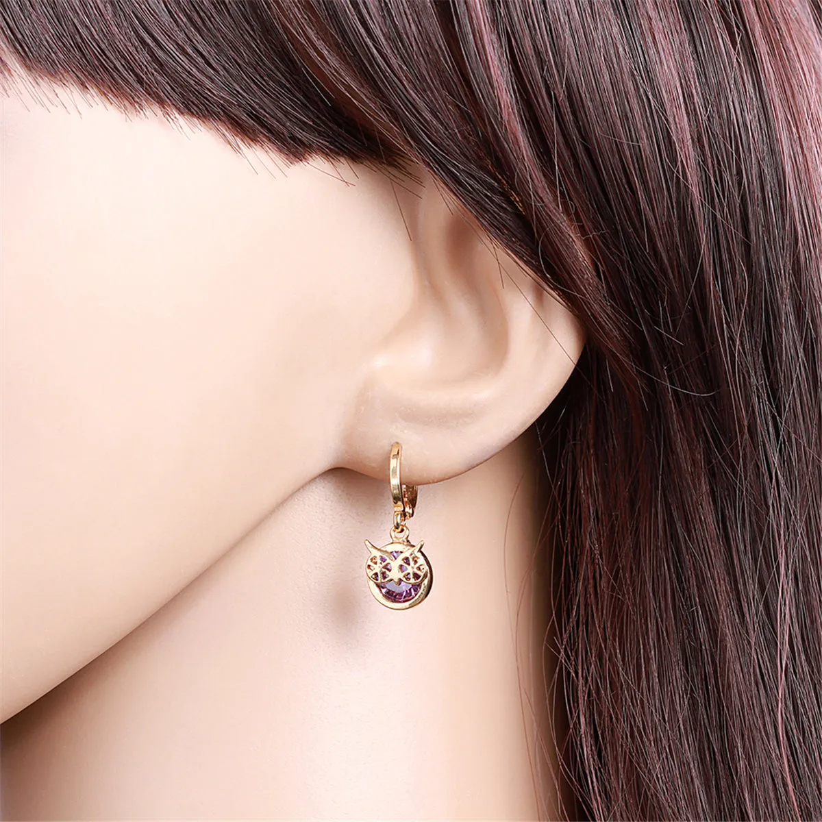 Purple Cubic Zirconia & 18K Gold-Plated Owl Bezel Drop Earrings