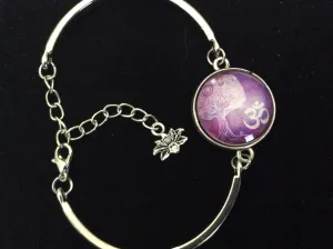 Purple Tree of Life Glass Domed Charm and Silver Lotus Charm on a Silver Adjustable Cuff Bracelet Bangle Trendy Gift Meaningful Stacking