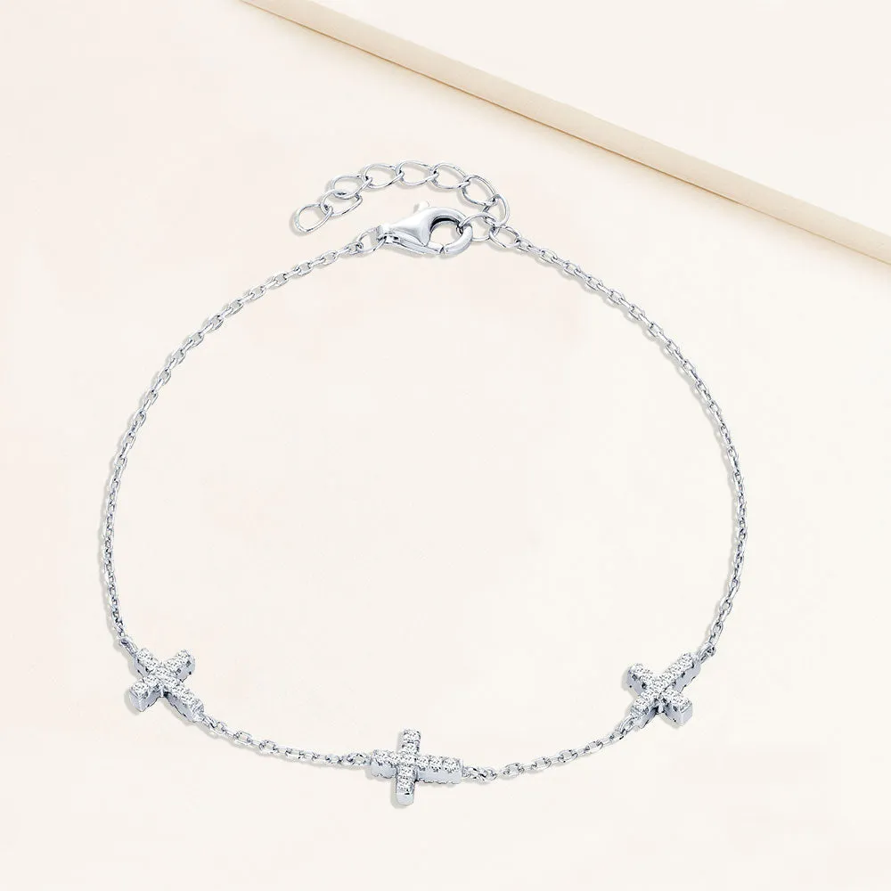 "Guardian Angel" Sterling Silver 1.0CTW Three Station Cross Bracelet
