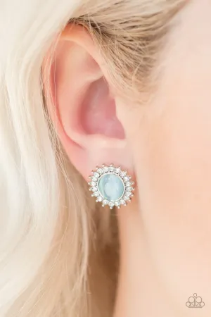 "Hey There Gorgeous" Silver Metal Oval Blue Cats Eye Rhinestone Post Earrings
