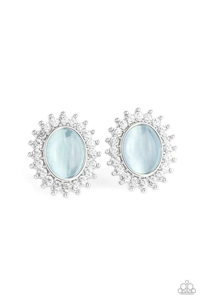 "Hey There Gorgeous" Silver Metal Oval Blue Cats Eye Rhinestone Post Earrings