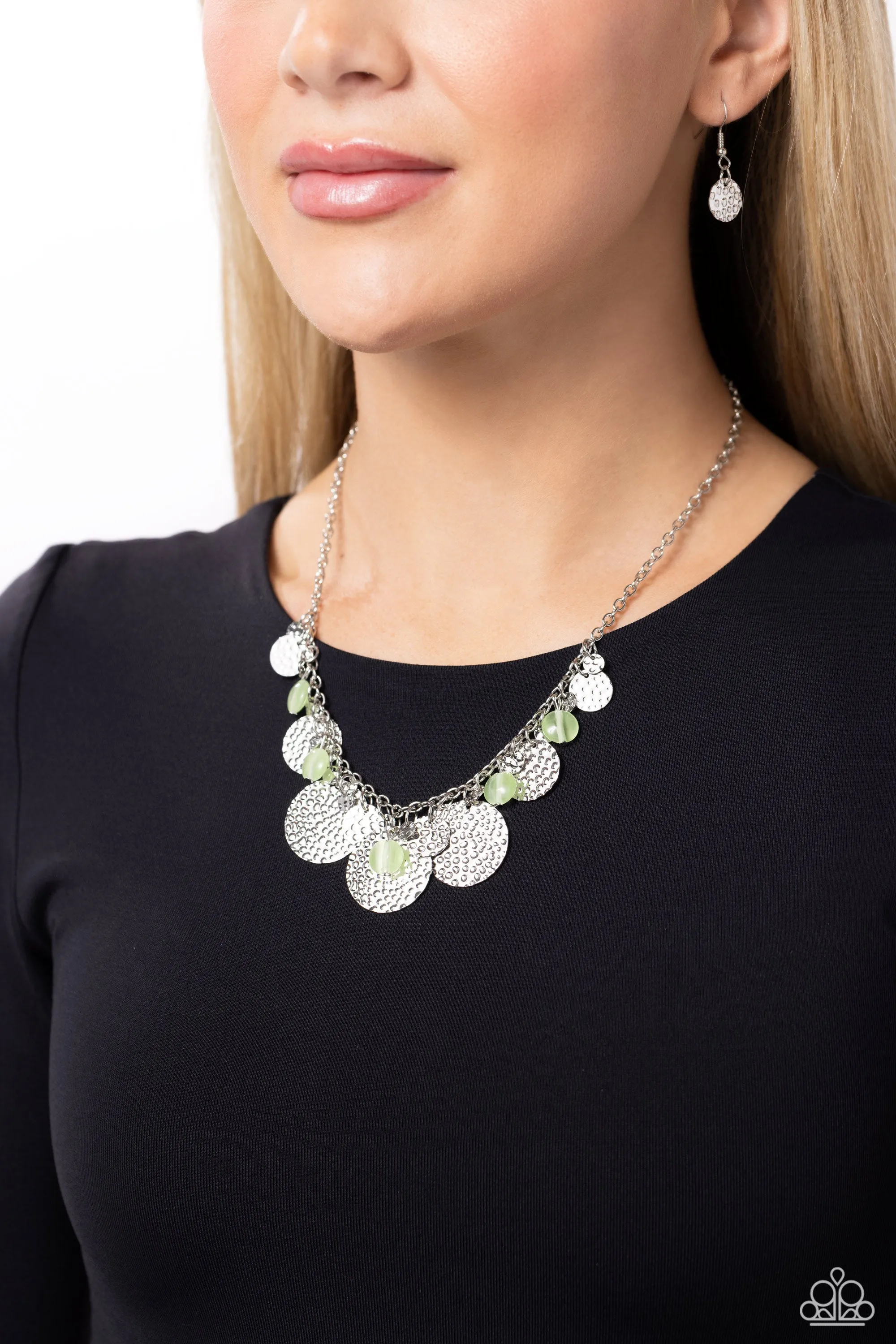 Radiant Review - Green - Cat's Eye Bead Silver Hammered Disc Paparazzi Short Necklace
