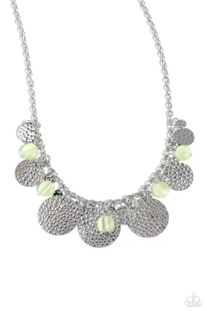 Radiant Review - Green - Cat's Eye Bead Silver Hammered Disc Paparazzi Short Necklace