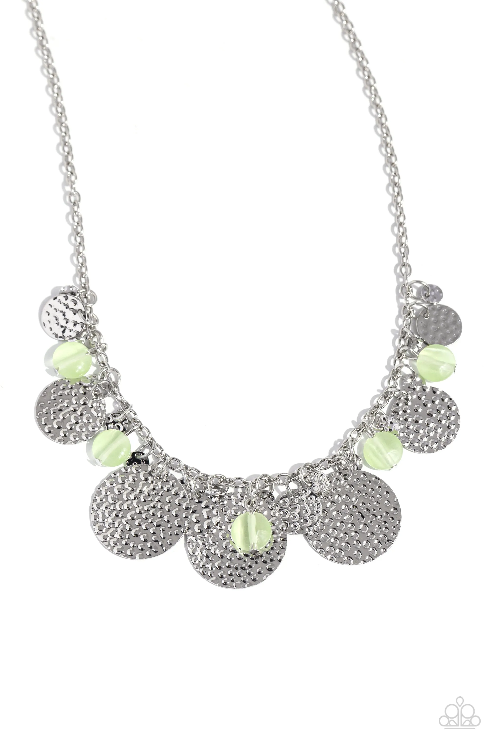 Radiant Review - Green - Cat's Eye Bead Silver Hammered Disc Paparazzi Short Necklace