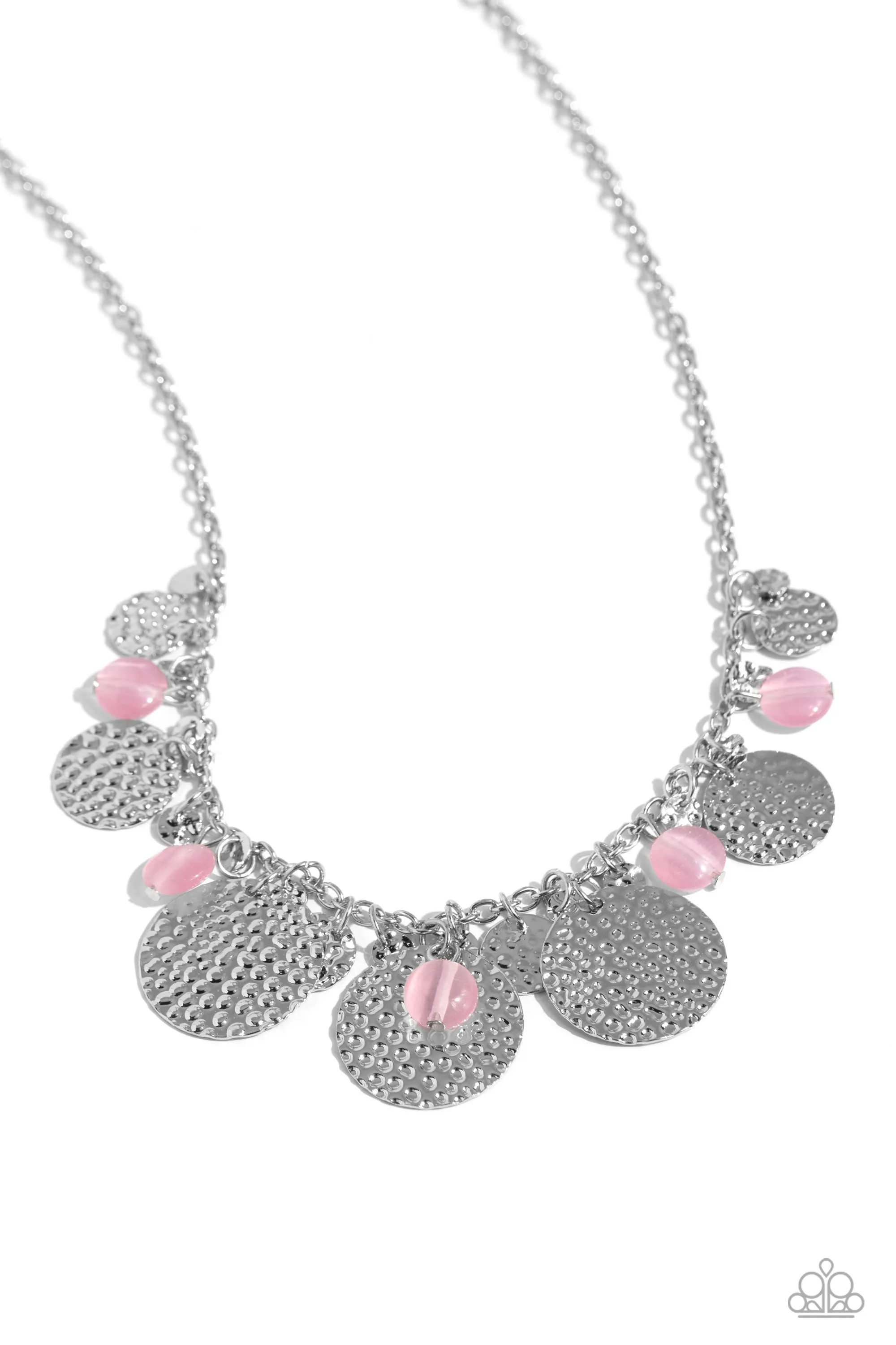 Radiant Review - Pink - Cat's Eye Bead Hammered Silver Paparazzi Short Necklace