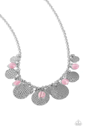 Radiant Review - Pink - Cat's Eye Bead Hammered Silver Paparazzi Short Necklace