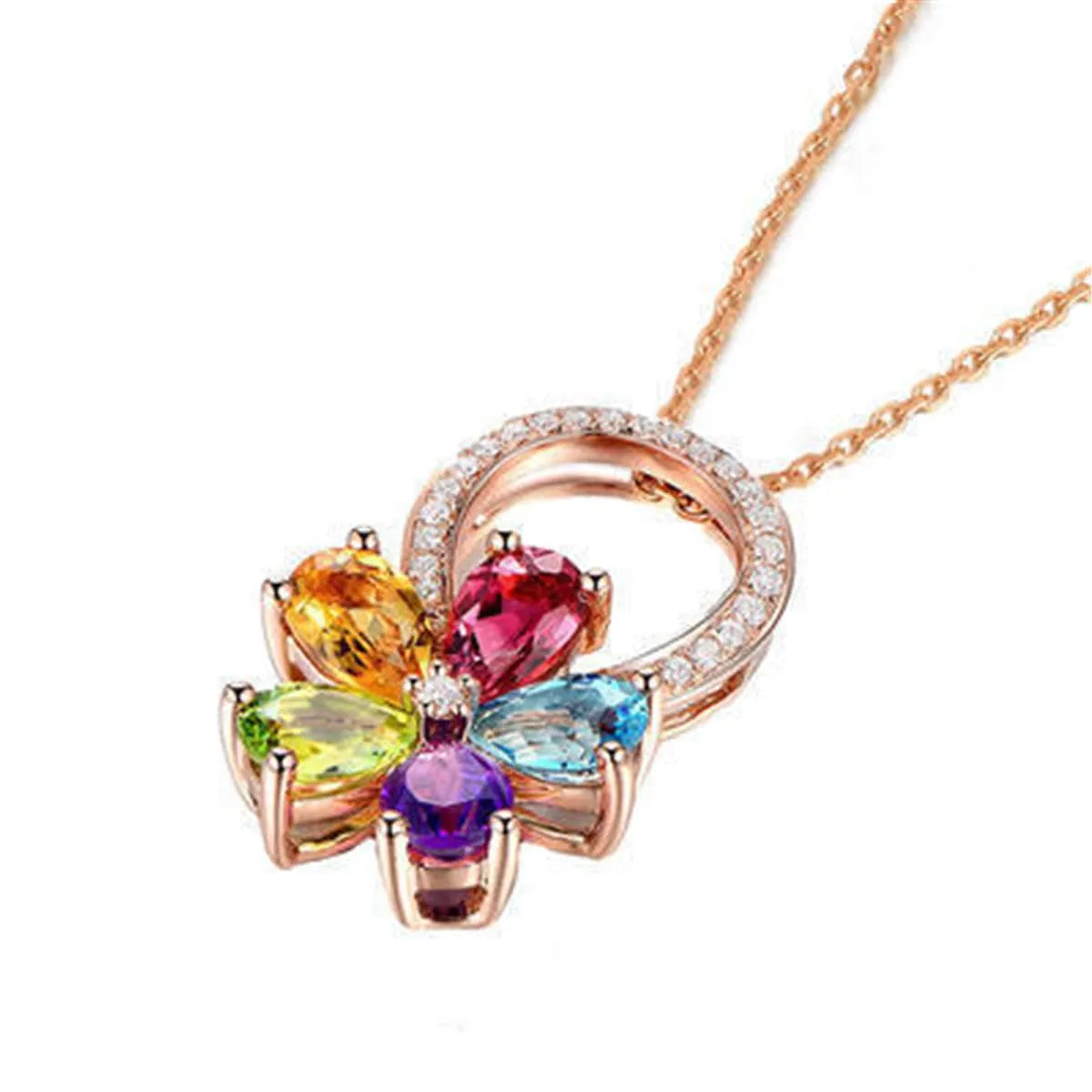 Rainbow Cubic Zirconia & 18K Rose Gold-Plated Flower Pendant Necklace