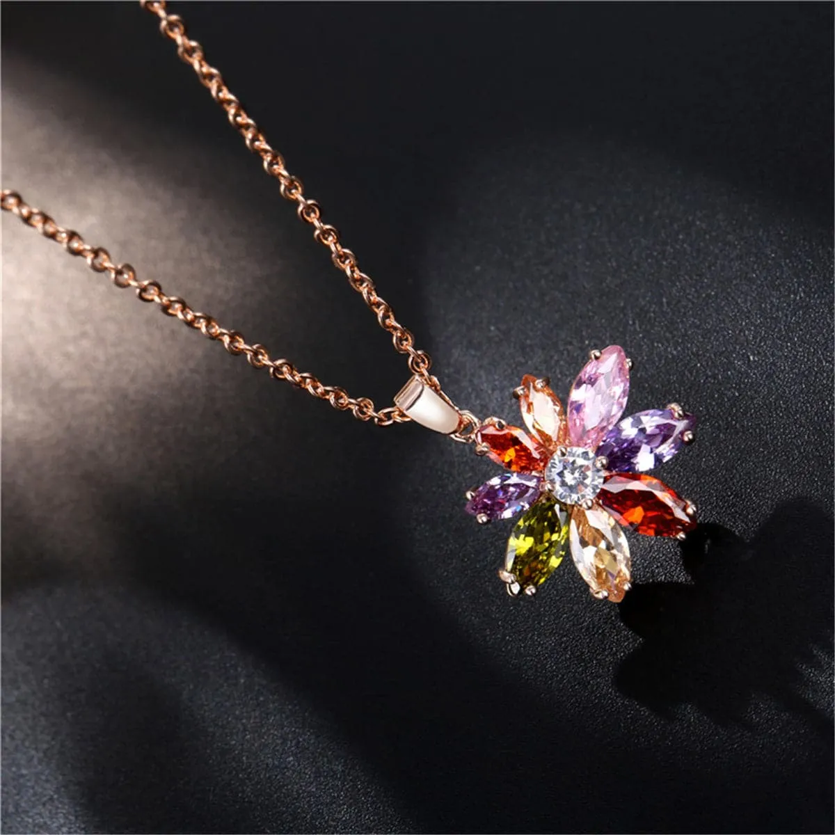 Red Crystal & Cubic Zirconia Flower Pendant Necklace