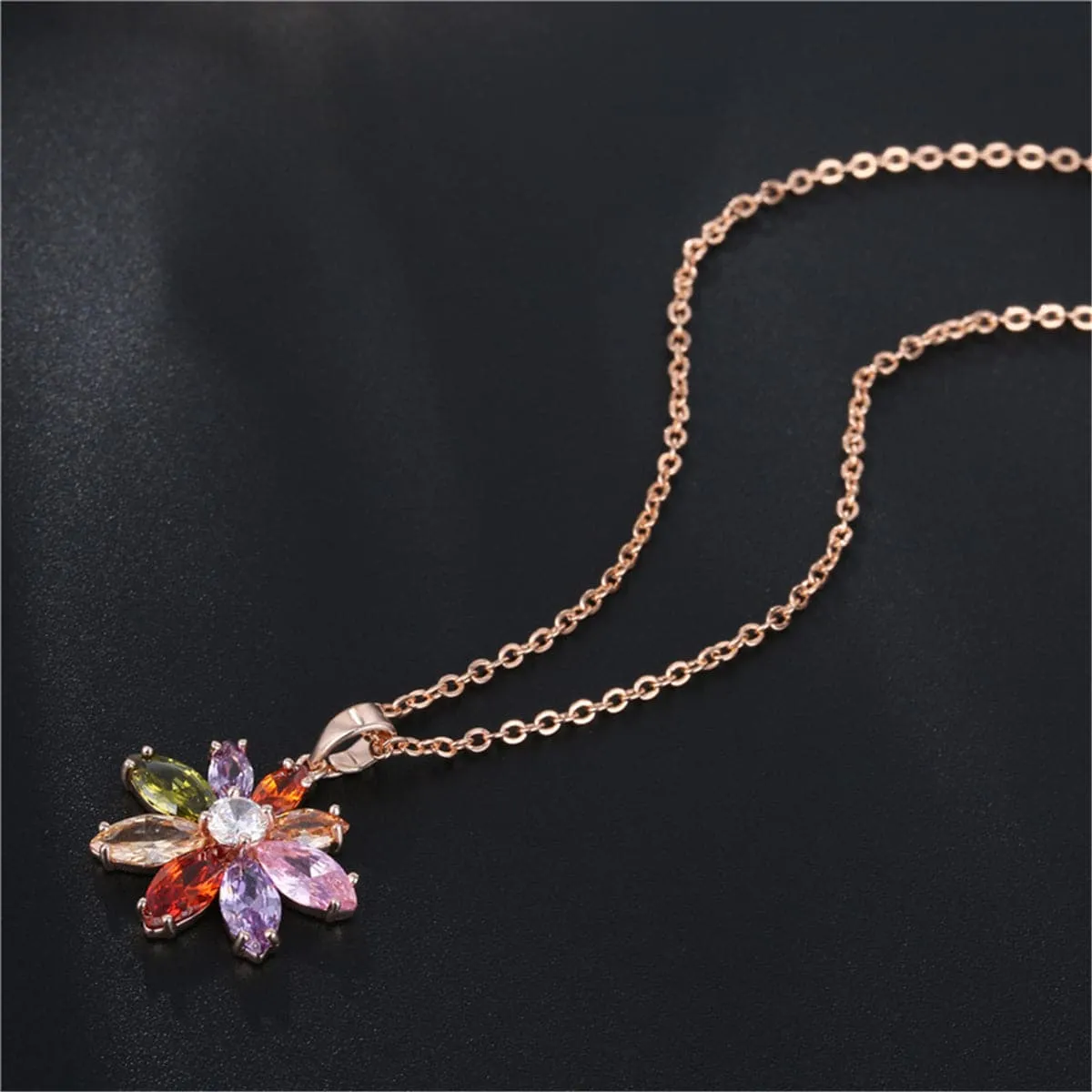 Red Crystal & Cubic Zirconia Flower Pendant Necklace
