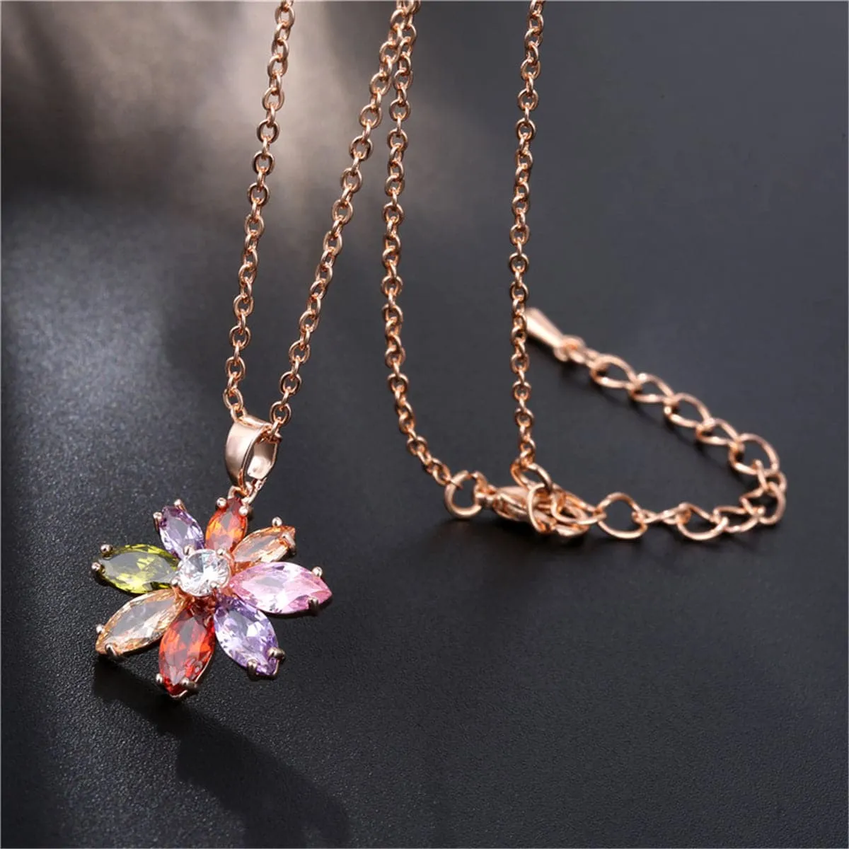 Red Crystal & Cubic Zirconia Flower Pendant Necklace