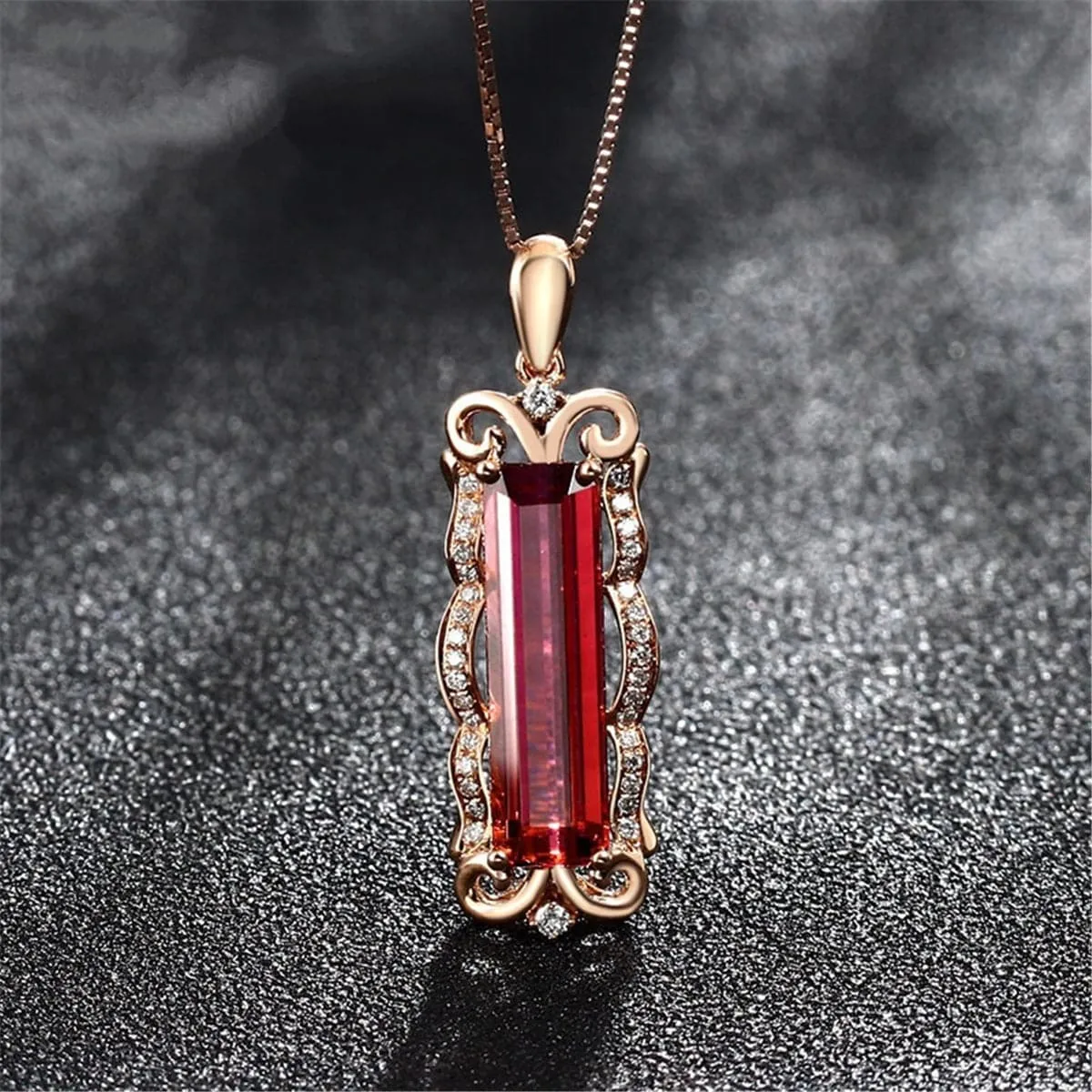 Red Crystal & Cubic Zirconia Rectangle Pendant Necklace