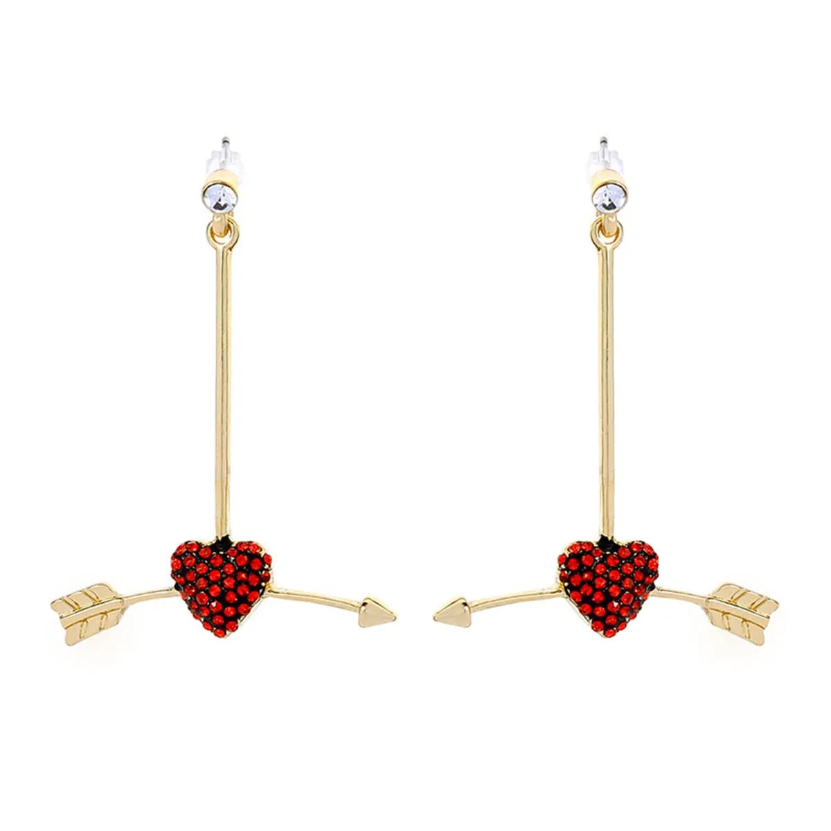 Red Cubic Zirconia & 18K Gold-Plated Arrow Heart Drop Earrings