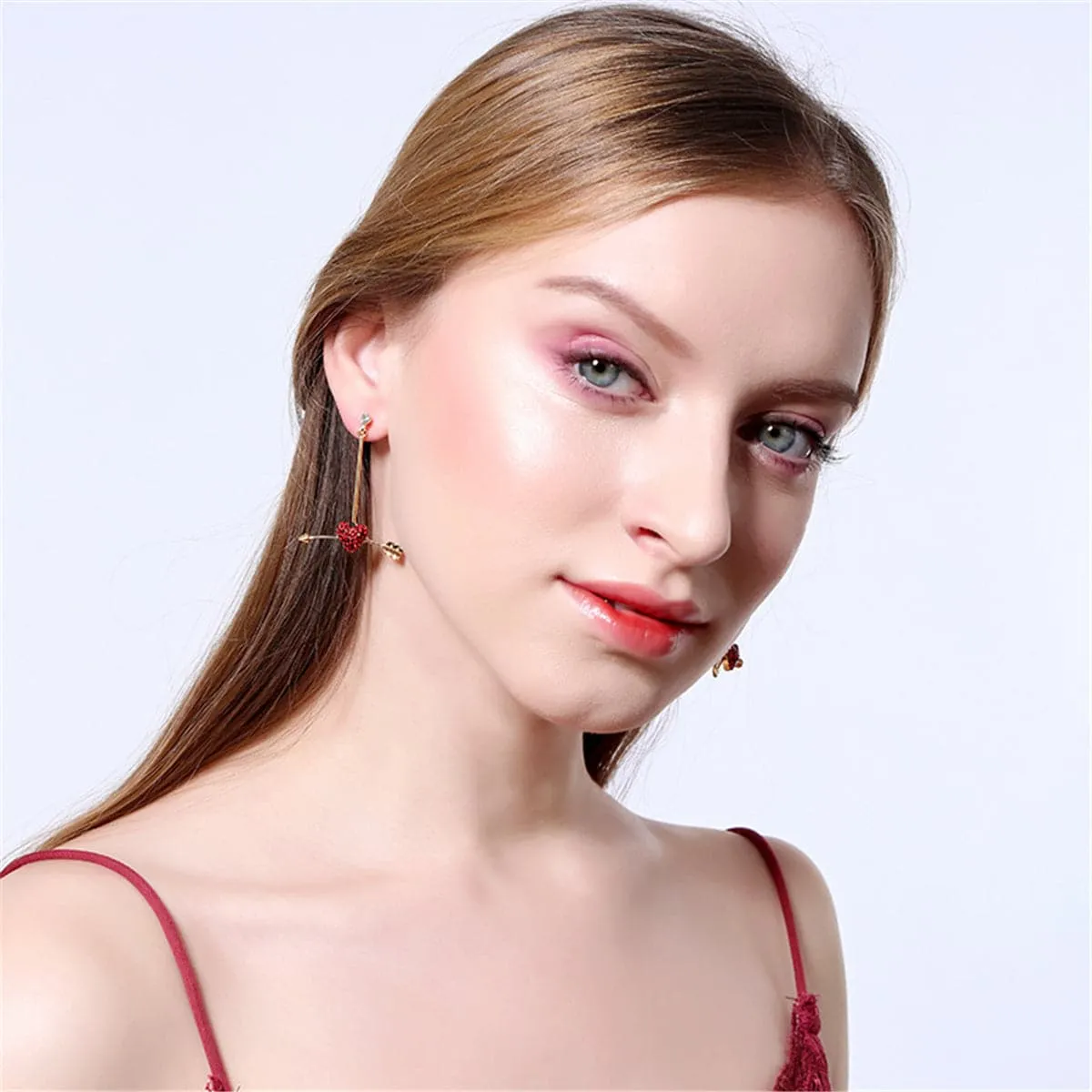 Red Cubic Zirconia & 18K Gold-Plated Arrow Heart Drop Earrings