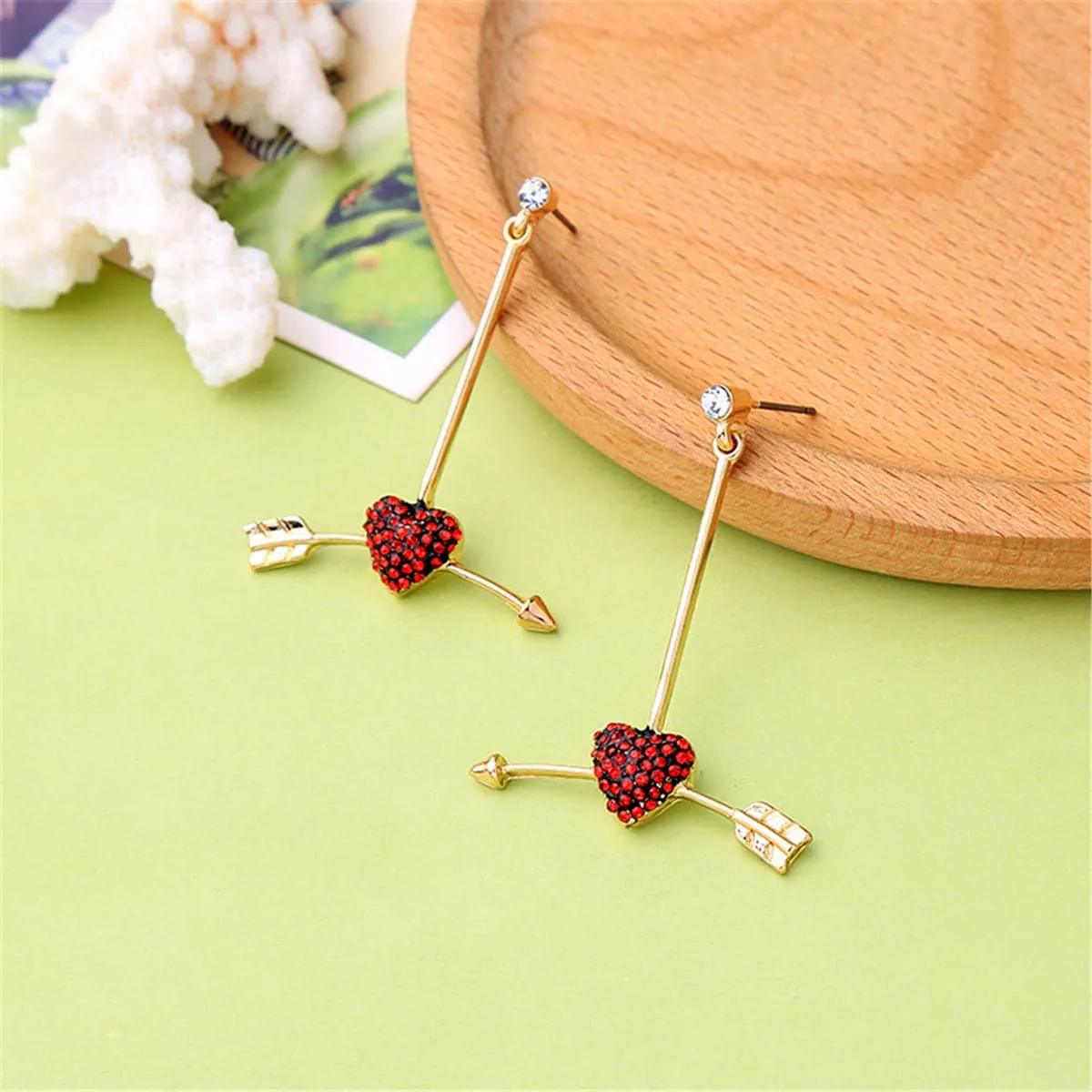 Red Cubic Zirconia & 18K Gold-Plated Arrow Heart Drop Earrings