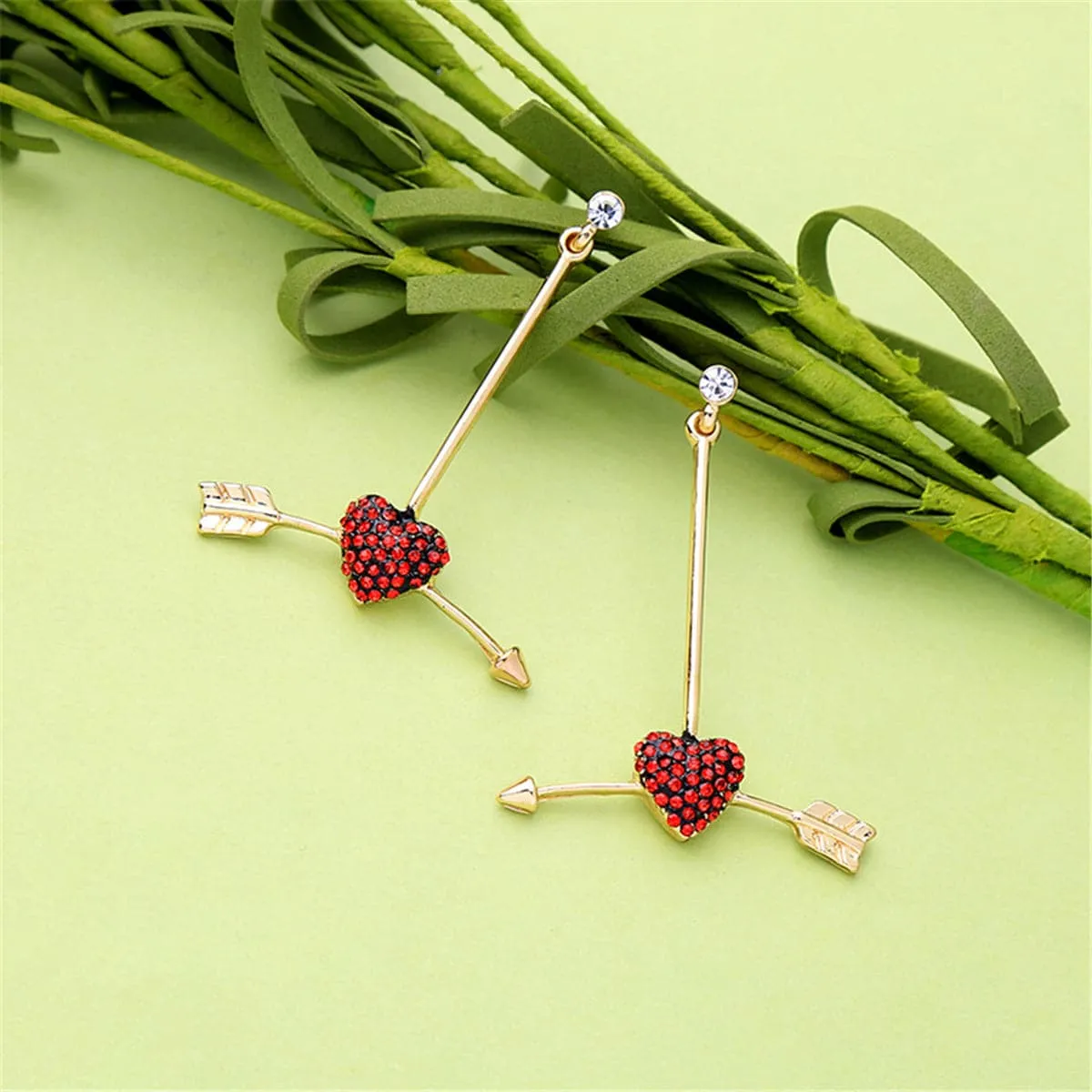 Red Cubic Zirconia & 18K Gold-Plated Arrow Heart Drop Earrings